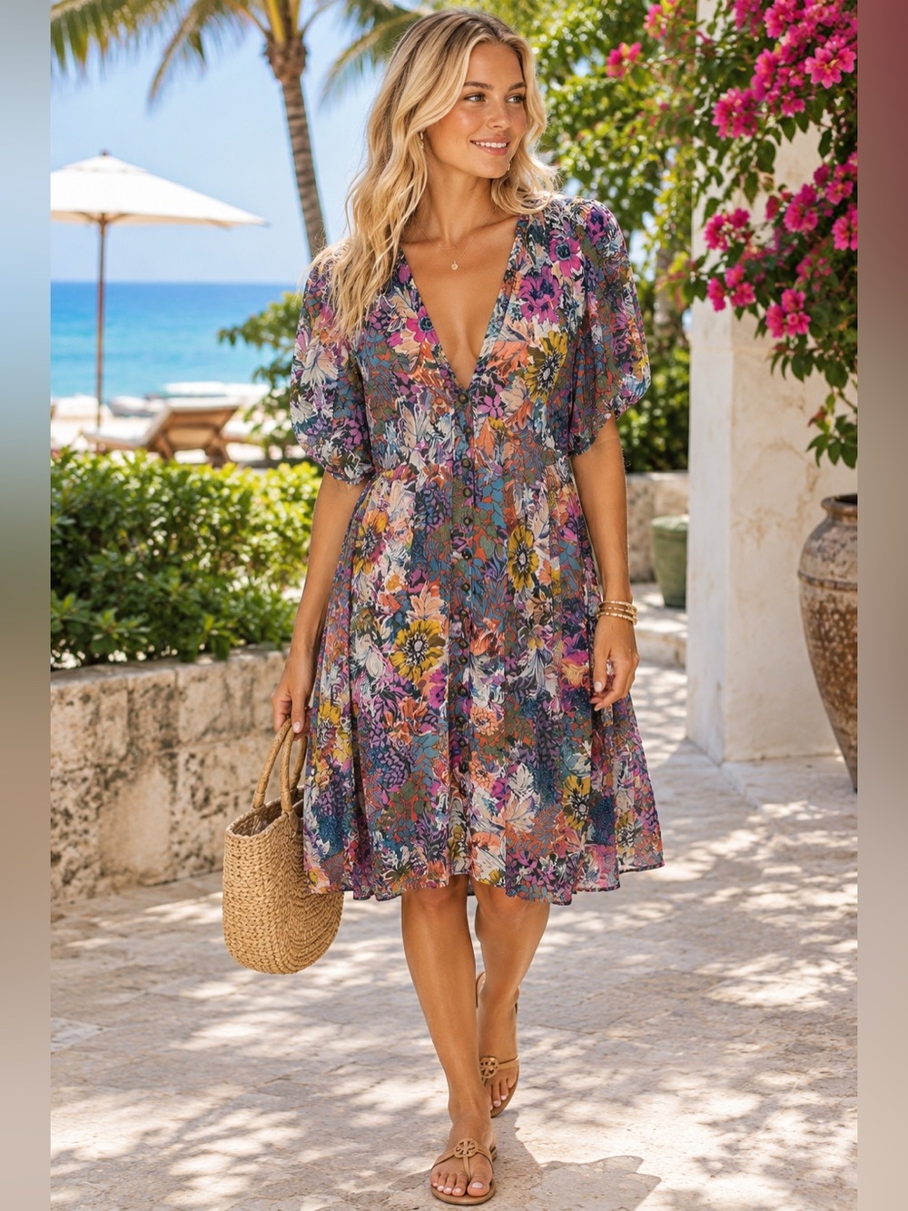 Anthropologie Akemi + Kin XS Floral Button Front Midi Dress Boho Resort Vacation